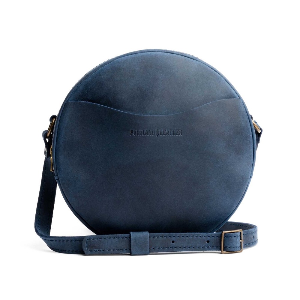 Portland Leather Large Circle Crossbody Purse in Deep Water Blue
